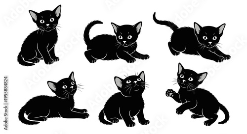 Set of Six Adorable Black Kittens Posed in Various Playful and Cute Positions