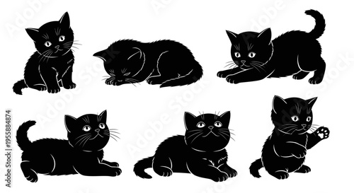 Set of Six Adorable Black Kittens Poses, Cute Playful Domestic Cats Illustrations