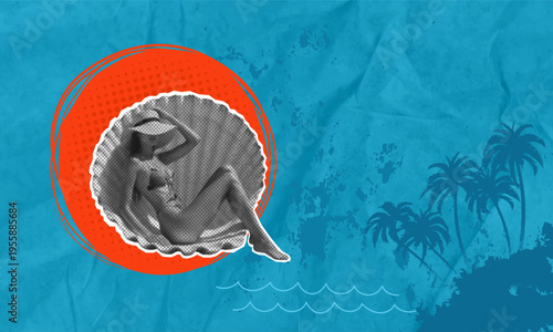 A young woman in a swimsuit sits inside a seashell by the sea, sunbathing against a backdrop of palm trees. A trendy, halftone, pop-art collage. Summer, vacation, relaxation, travel, holidays, and tou