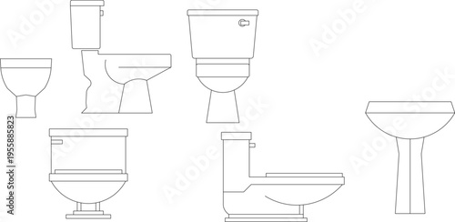 Technical architectural drawing showing various toilet and WC fixtures in different configurations including wall-mounted and floor-mounted types, plus pedestal sink.