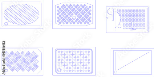 Technical architectural drawing showing various shower tray designs with different floor textures, drainage patterns and configurations in plan view.