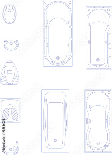 Technical architectural drawing showing various bathtub designs and bathroom fixtures including toilets and shower trays in plan and elevation views.
