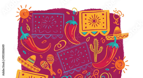 A festive and vibrant horizontal banner for a Mexican fiesta or summer party. Features hand-drawn chili peppers, sombreros, and maracas on a rich magenta background, perfect for Cinco de Mayo and food