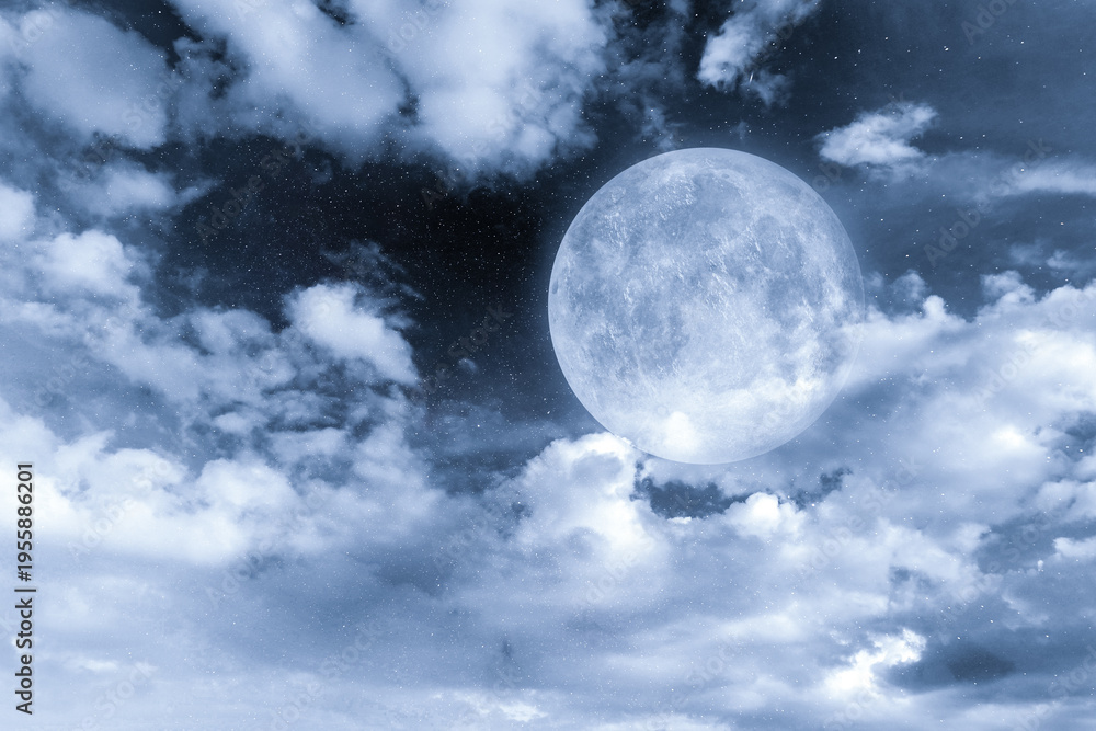 Fototapeta premium Big full moon among clouds in night sky