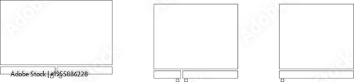 Technical drawing showing television or monitor display units with different base stand configurations and support types in elevation view.