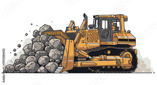 Bulldozer pushing rocks on construction site.