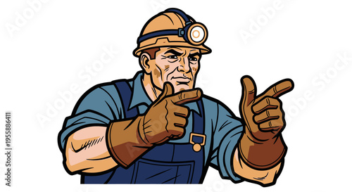 Cartoon miner pointing to the side.
