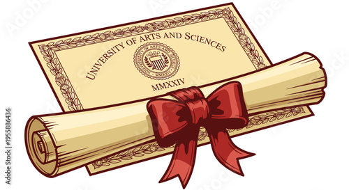 Certificate and diploma scroll tied.