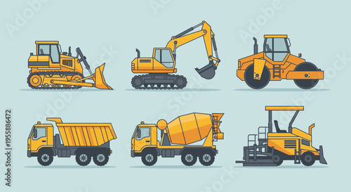 Collection of heavy construction vehicles side view.