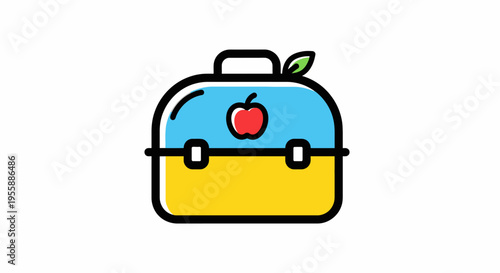 Colorful lunchbox with an apple on top.