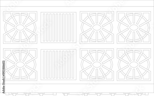 Technical architectural detail drawings showing ventilation grilles, drain covers or decorative panels with radial spoked and parallel linear patterns.
