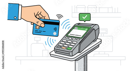 Hand holding card near payment terminal.