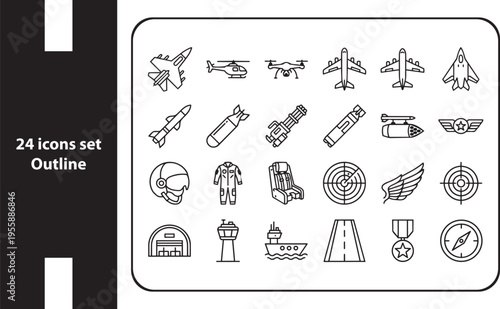 Minimal Military and Army Outline Icons Set  Clean Outline Symbols for Army, Defense, and War Strategy Design 