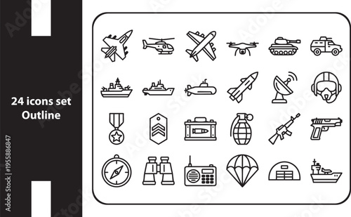 Minimal Military and Army Outline Icons Set  Clean Outline Symbols for Army, Defense, and War Strategy Design 