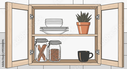 Kitchen cabinet with dishes inside.