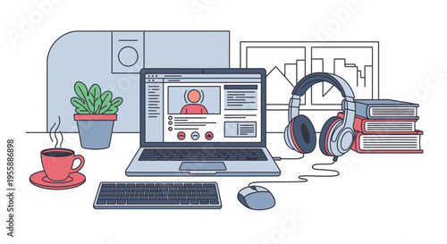 Laptop on desk with video call.