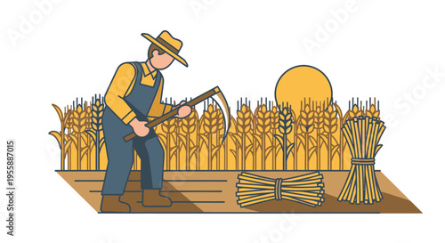 Man harvesting wheat with scythe tool.