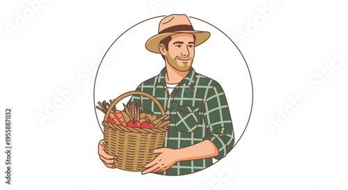 Man holding basket of fresh vegetables.