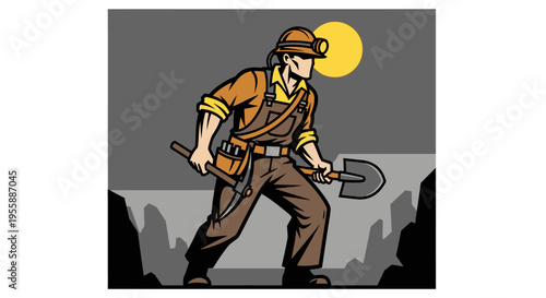 Man in uniform holding pickaxe tool.