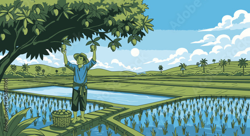 Man picking fruit from tree branch.