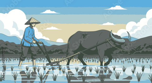 Man plowing field with big ox.