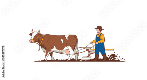 Man plowing field with brown cow 1.