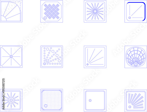 Technical architectural drawing showing various shower tray designs with different drainage patterns, textures and configurations in plan view.