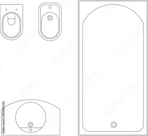 Technical architectural drawing showing bathroom fixtures including bidets or toilets in plan and elevation views, and shower tray or bathtub base with drainage.