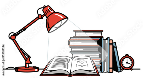 Red desk lamp on open book.