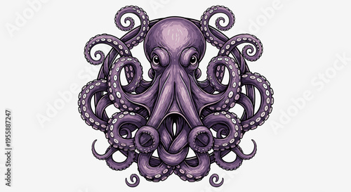 Purple octopus with curled tentacles illustration.