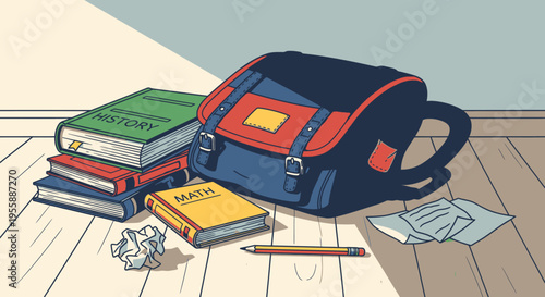 School bag with books and stationery.