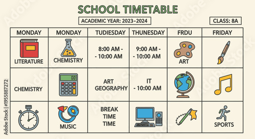 School timetable with icons and schedule.