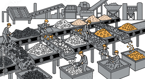 Workers sorting colored gemstones on conveyor.