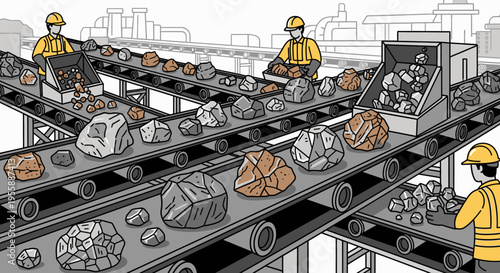 Workers on a mining conveyor belt.