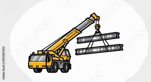 Yellow construction crane lifting metal beams.