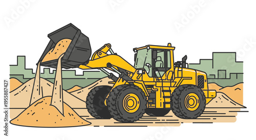Yellow construction loader machine lifting sand.