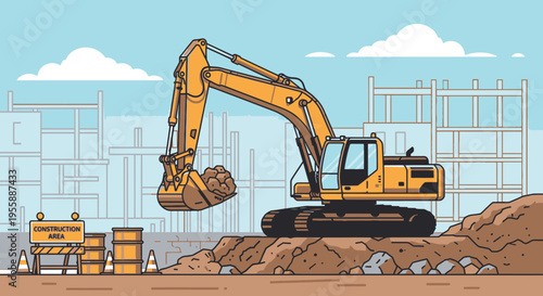 Yellow excavator digging construction site ground.