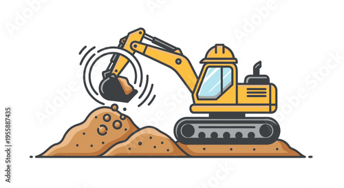 Yellow excavator digging into a pile.