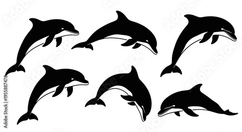 Set of Seven Black Silhouette Dolphins Jumping and Swimming in Water