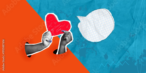 A trendy halftone collage in a pop art style. Women's hands hold a red grunge heart on an orange and blue background. Concept for Valentine's Day, Mother's Day, birthdays, and other holidays.