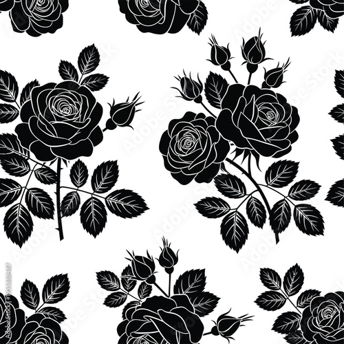 Elegant black silhouette roses with buds and leaves repeat pattern against a clean white background, creating a classic and sophisticated floral design.