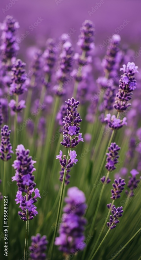 Naklejka premium A stunning, vibrant field of purple lavender flowers blooming under the warm summer sun, emphasizing texture, natural beauty, and delicate scent, scent, background, purple