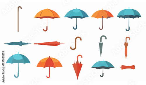 Open and closed umbrella vector set colorful rain protection cartoon illustration isolated on white