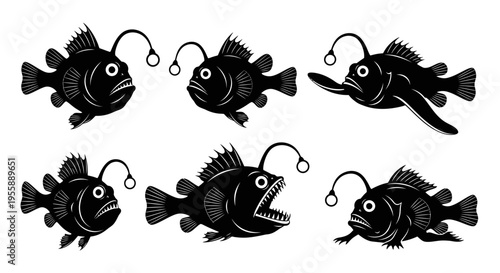 Set of Six Black Anglerfish Illustrations with Lures