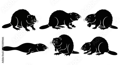 Set of six black beaver silhouettes in various poses on a white background
