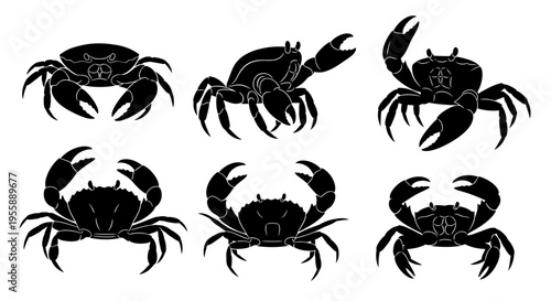 Set of six black crab silhouettes on a white background, various poses