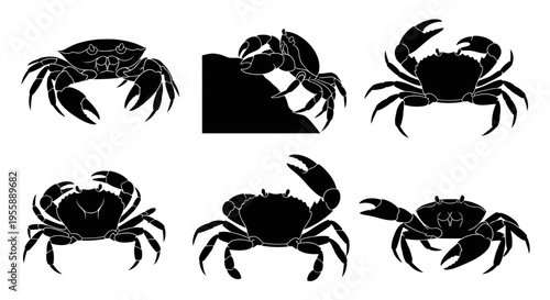 Set of Six Black Crab Silhouettes on White Background, Diverse Poses and Angles