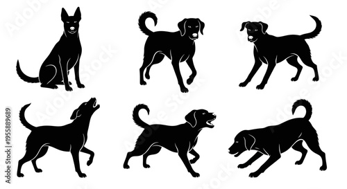 Set of Six Black Dog Silhouettes in Various Poses