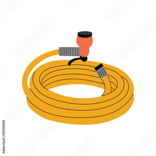 Garden hose with spray nozzle. Watering equipment for gardening, irrigation and plant care. Vector illustration isolated on white background.
