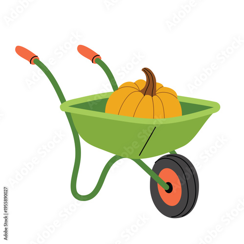 Wheelbarrow with pumpkin. Garden tool for harvest and autumn farming. Flat vector illustration isolated on white background.